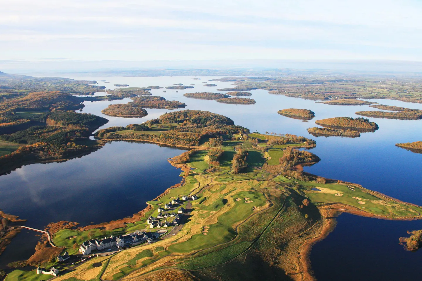 Aerial view of Lough Erne Resort and its golf course on a peninsula in the Fermanagh lakelands.